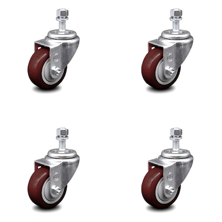 Service Caster 3.5 Inch Maroon Polyurethane Wheel Swivel 12mm Threaded Stem Caster Set SCC SCC-TS20S3514-PPUB-MRN-M1215-4